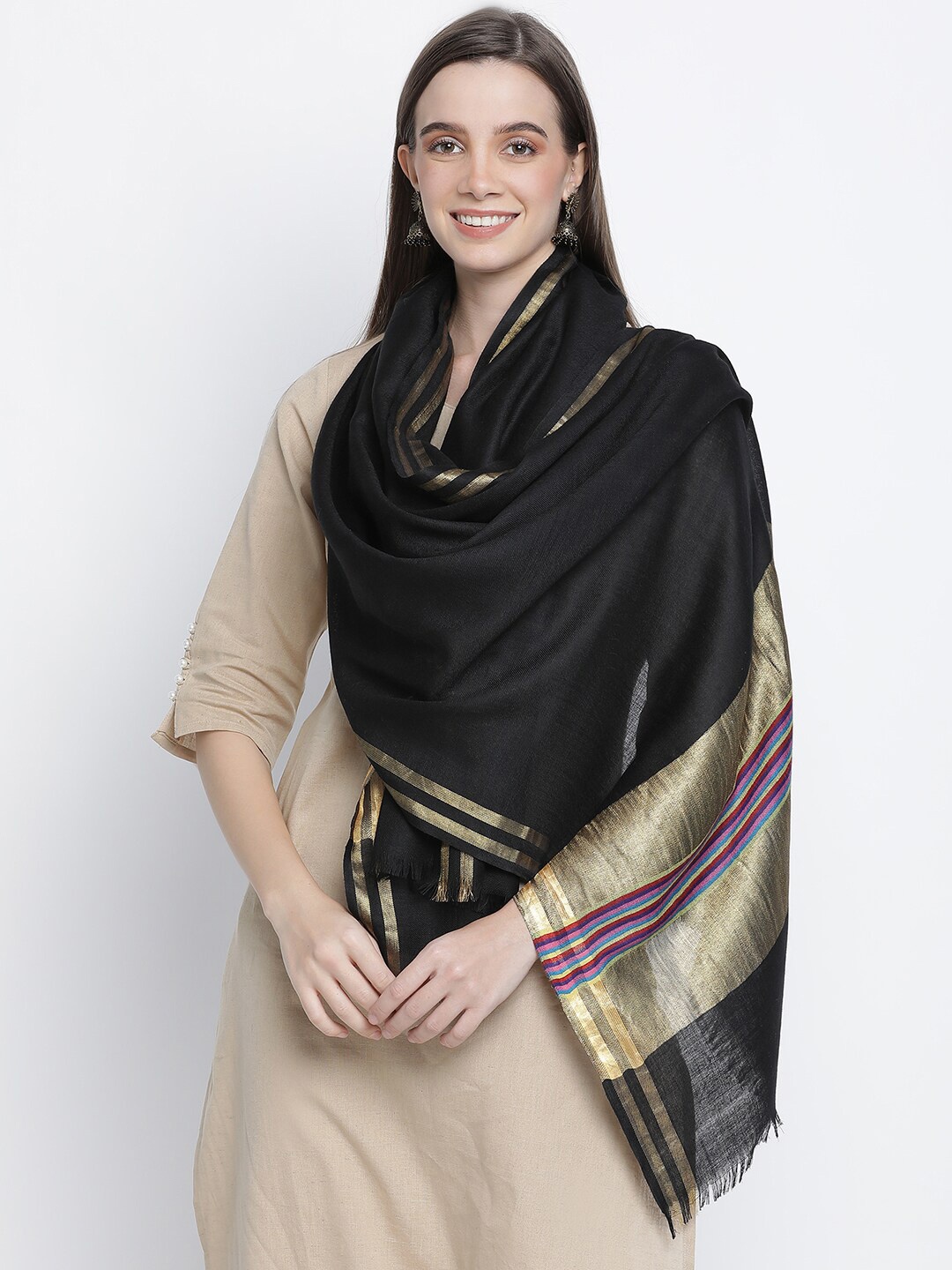 

SHINGORA Women Black & Gold-Toned Woven Design Stole