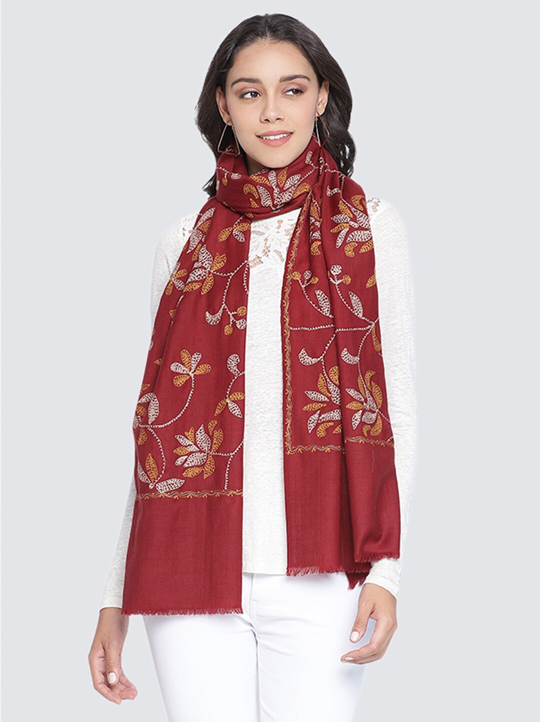 

SHINGORA Women Maroon & Orange Pure Wool Embroidered Stole