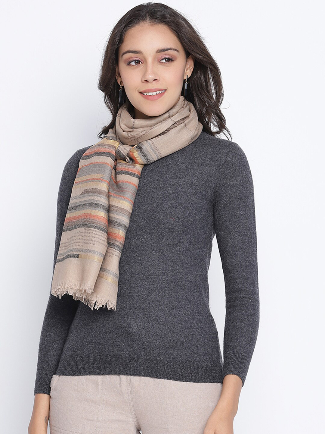 

SHINGORA Women Beige & Orange Woven Design Woolen Stole