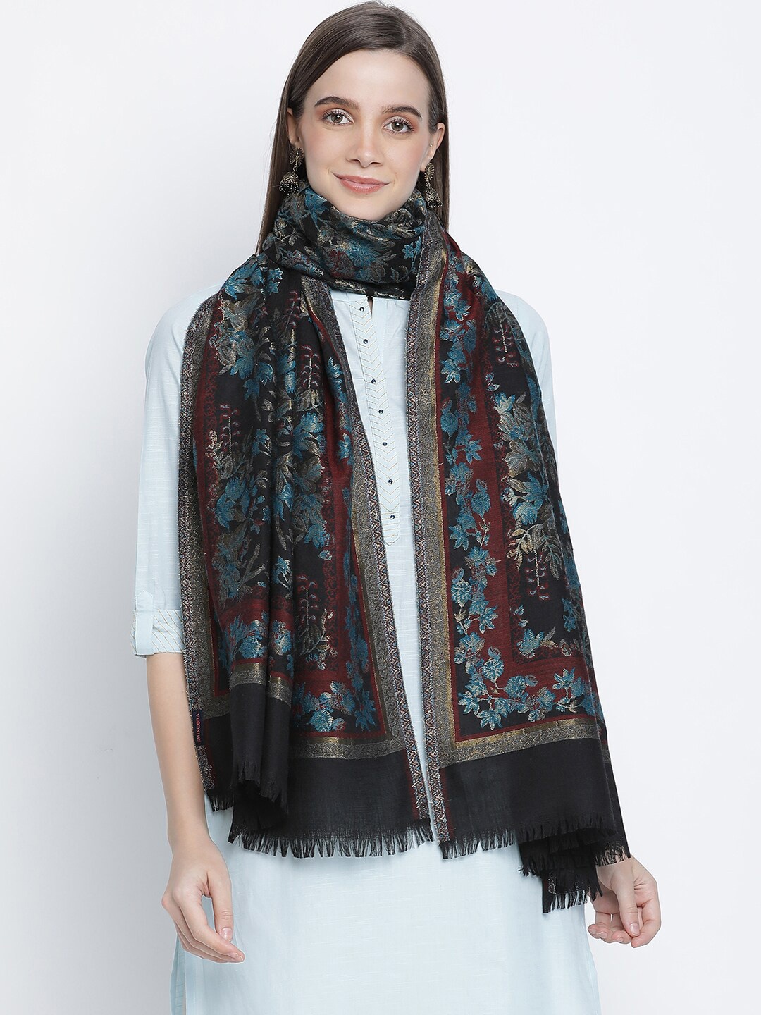 

SHINGORA Women Black & Blue Woven Design Pure Wool Stole