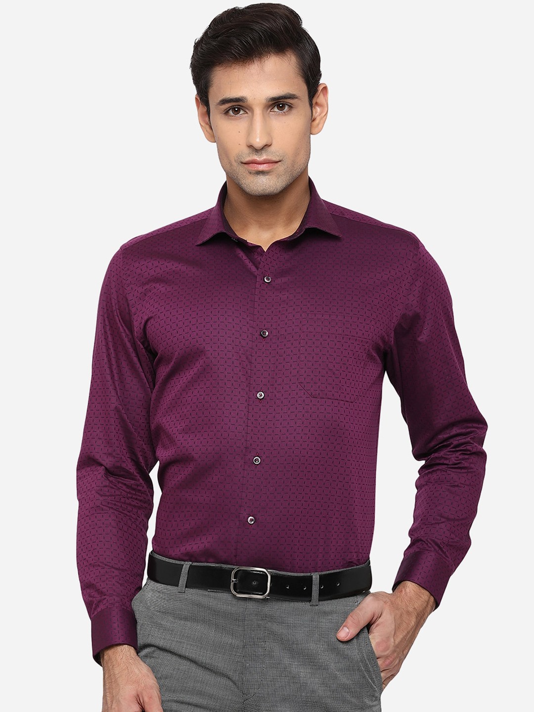 

Greenfibre Men Purple Slim Fit Opaque Printed Pure Cotton Formal Shirt