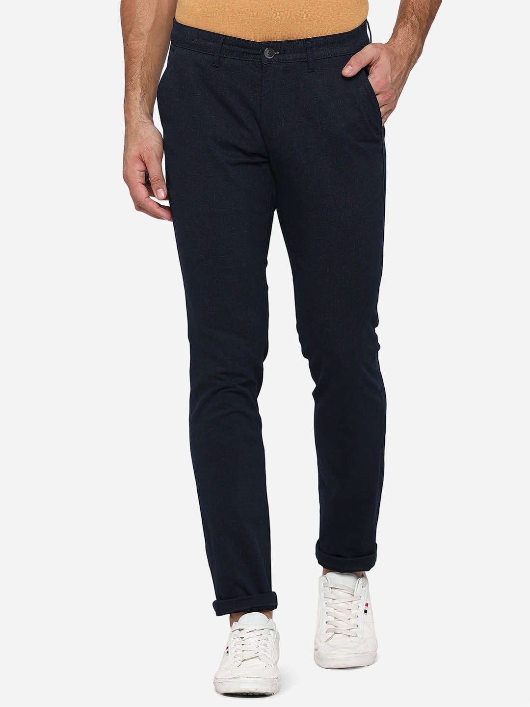 

Greenfibre Men Pure Cotton Navy Blue Solid Slim Fit Trousers