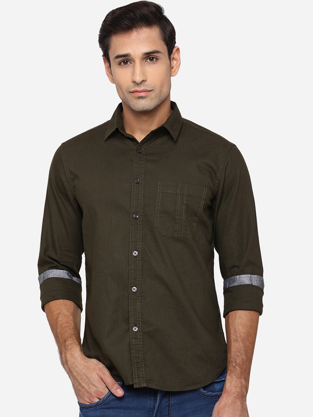 

Greenfibre Men Olive Green Slim Fit Opaque Pure Cotton Casual Shirt