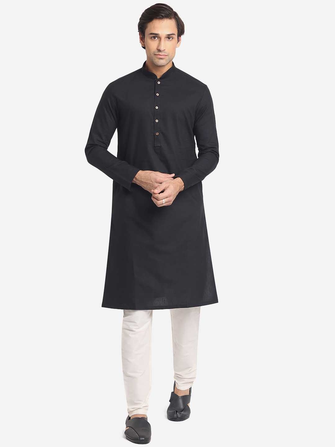 

Greenfibre Mandarin Collar Long Sleeves Pure Cotton Straight Kurta, Black