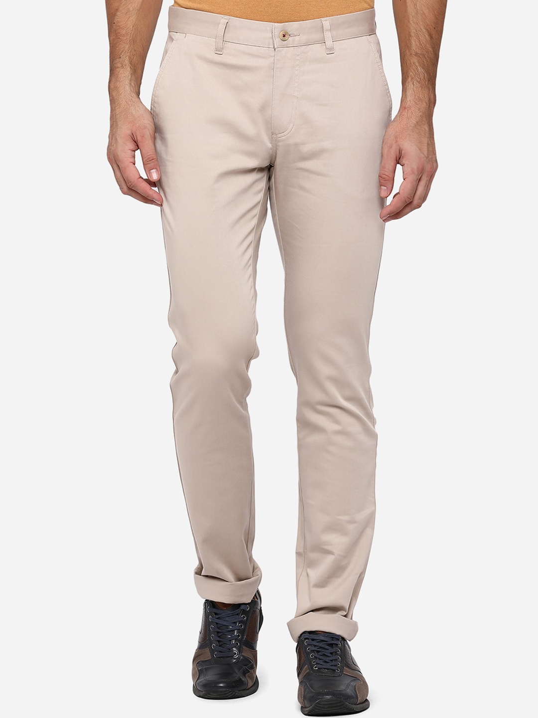 

Greenfibre Men Pure Cotton Beige Solid Slim Fit Trousers