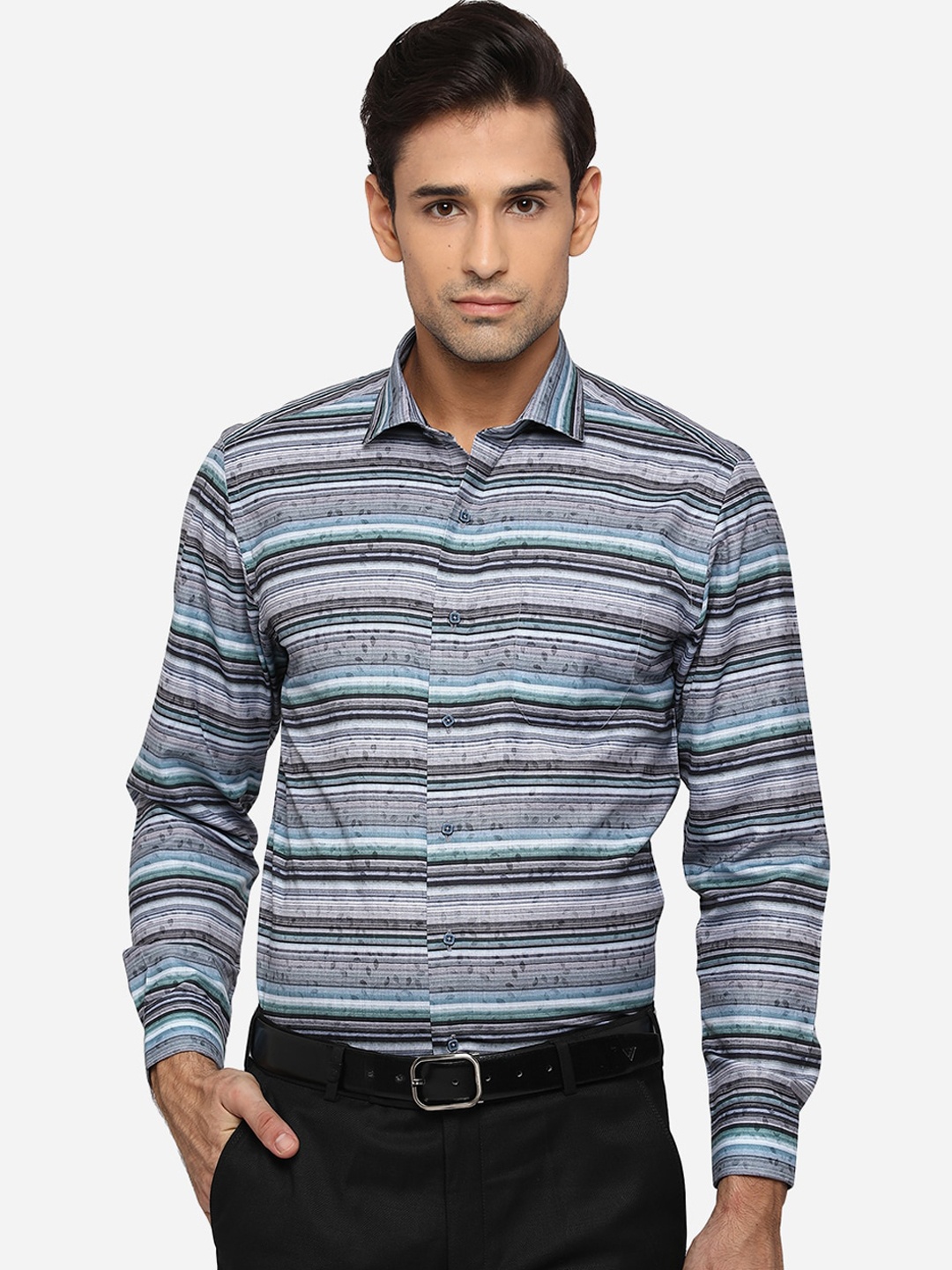 

Greenfibre Men Blue & Grey Slim Fit Horizontal Stripes Opaque Formal Shirt