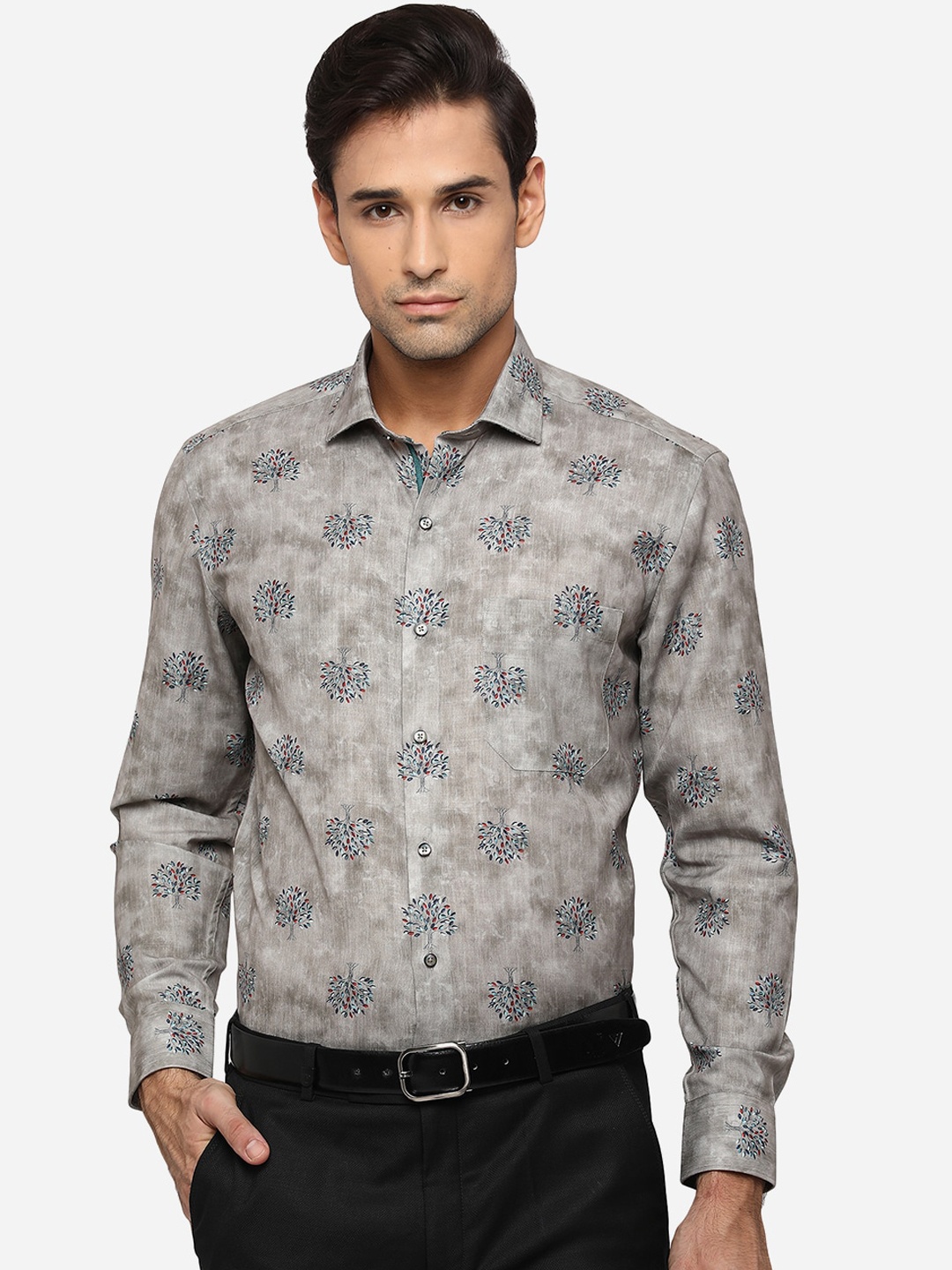 

Greenfibre Men Grey Slim Fit Floral Opaque Printed Pure Cotton Formal Shirt