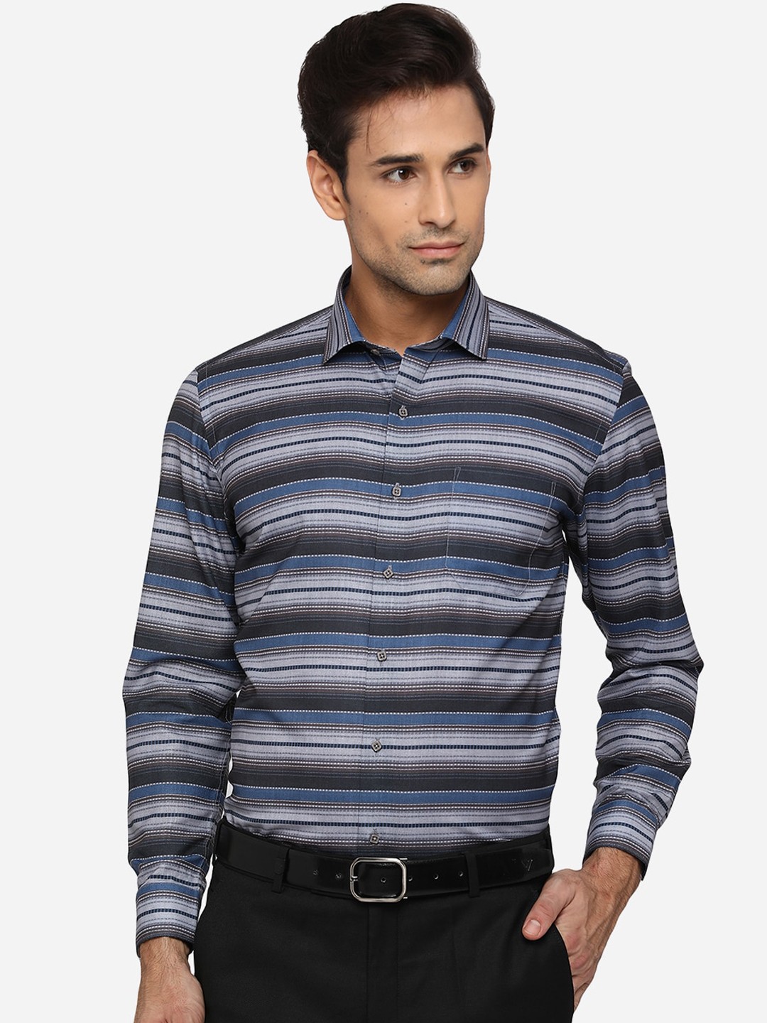 

Greenfibre Men Grey Slim Fit Horizontal Stripes Pure Cotton Striped Formal Shirt