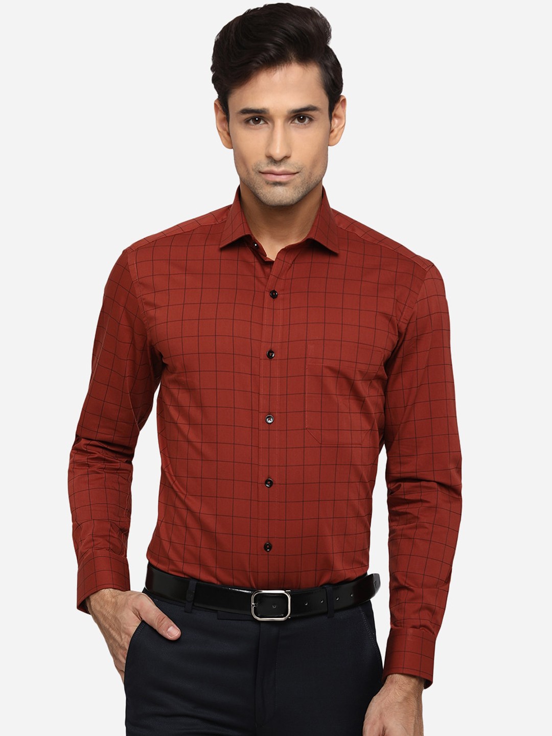 

Greenfibre Men Maroon & Navy Blue Slim Fit Opaque Checked Pure Cotton Formal Shirt