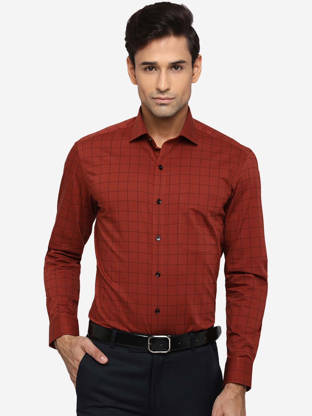 

Greenfibre Men Rust Red Slim Fit Opaque Checked Pure Cotton Formal Shirt