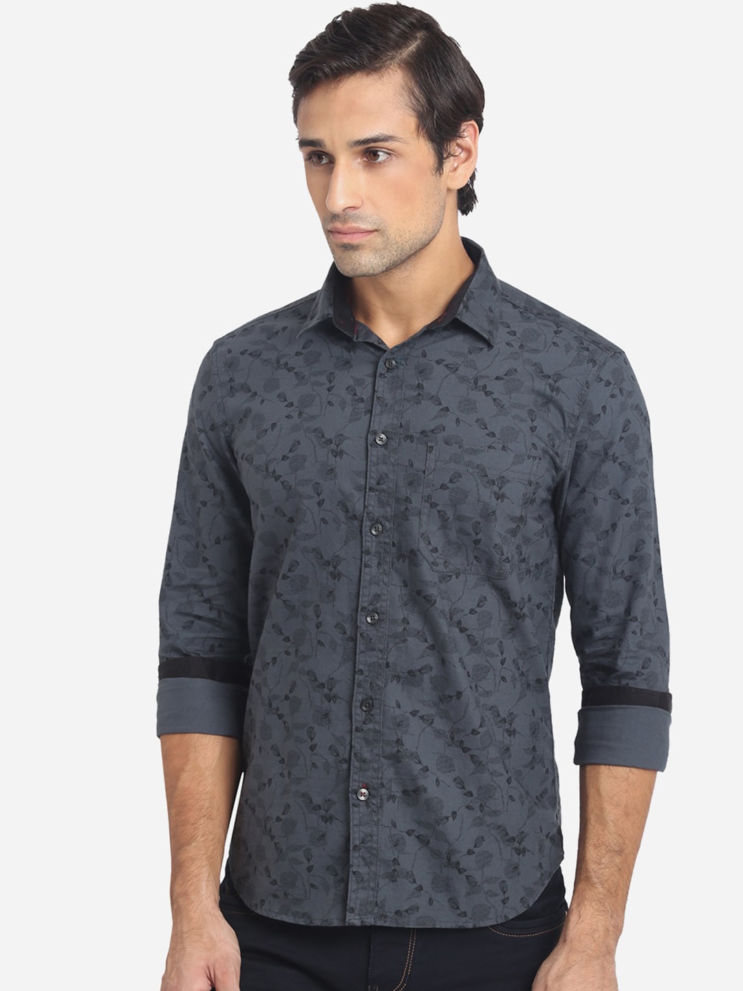 

Greenfibre Men Grey Slim Fit Opaque Printed Casual Shirt