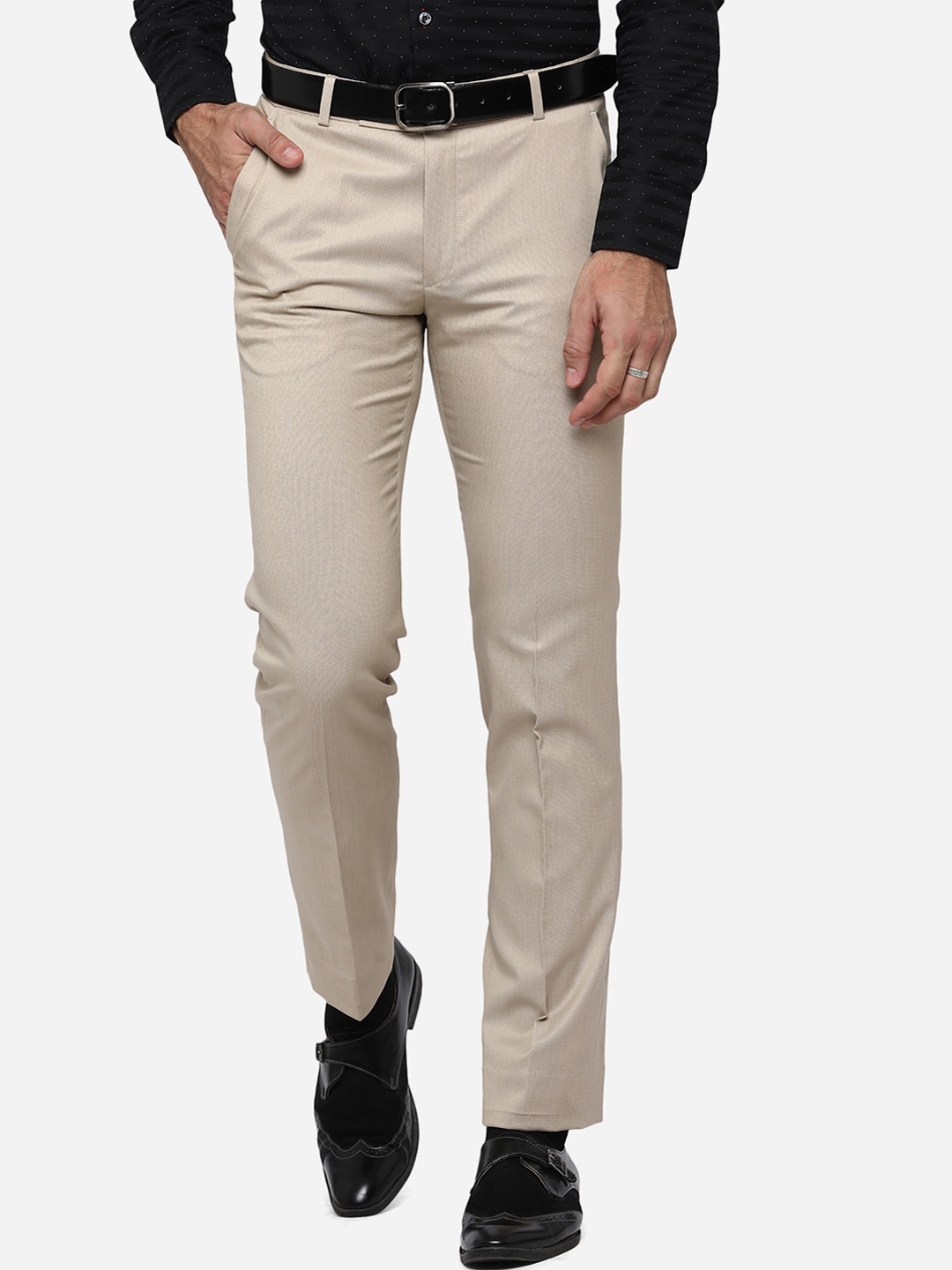 

Greenfibre Men Beige Textured Slim Fit Formal Trousers