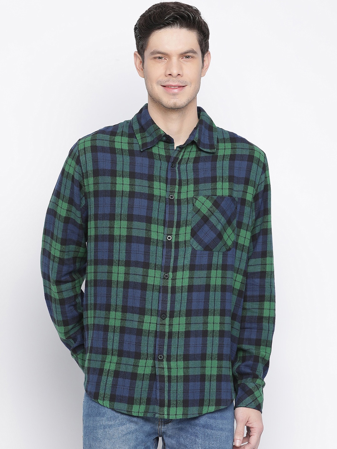 

Oxolloxo Men Green & Blue Opaque Checked Casual Shirt