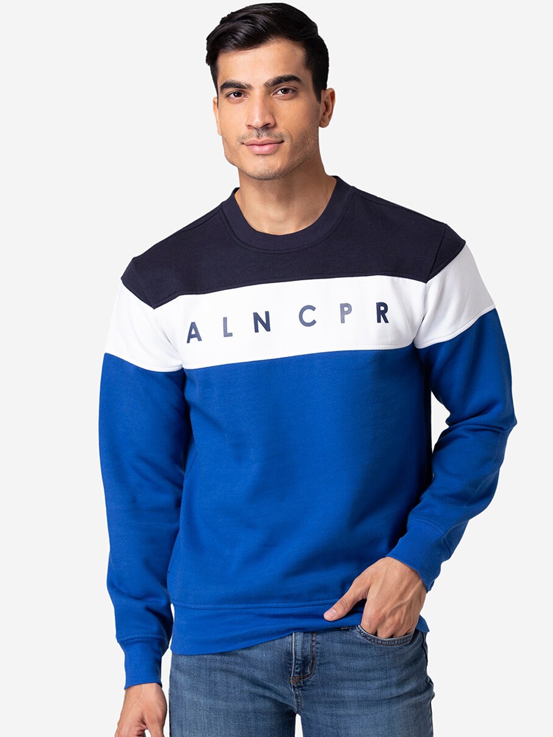 

Allen Cooper Men Navy Blue Colourblocked Sweatshirt