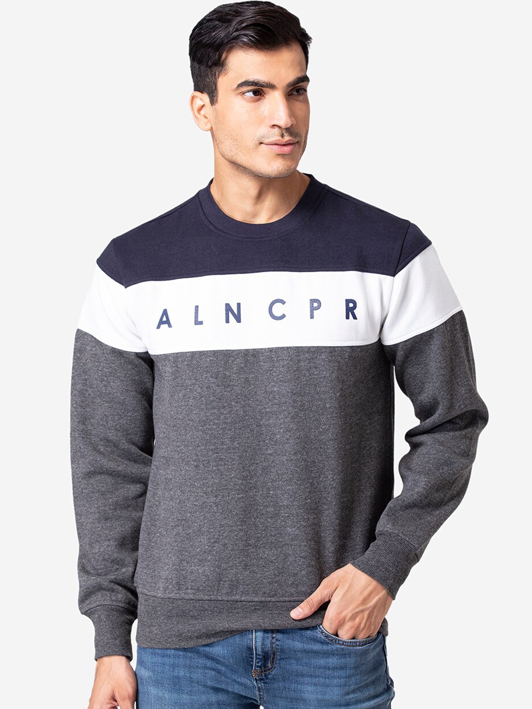 

Allen Cooper Men Navy Blue Colourblocked Sweatshirt