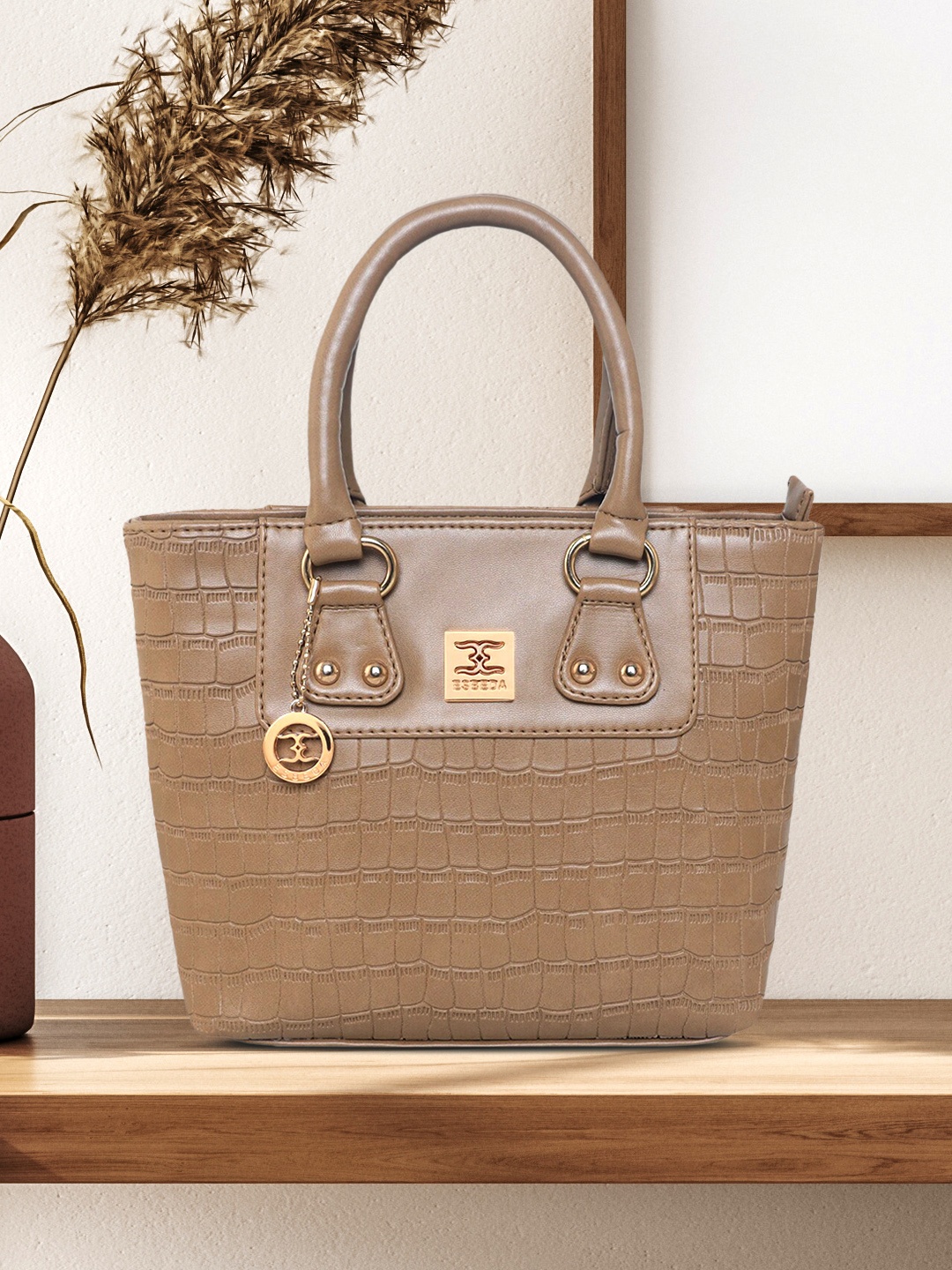 

ESBEDA Beige PU Structured Shoulder Bag with Cut Work