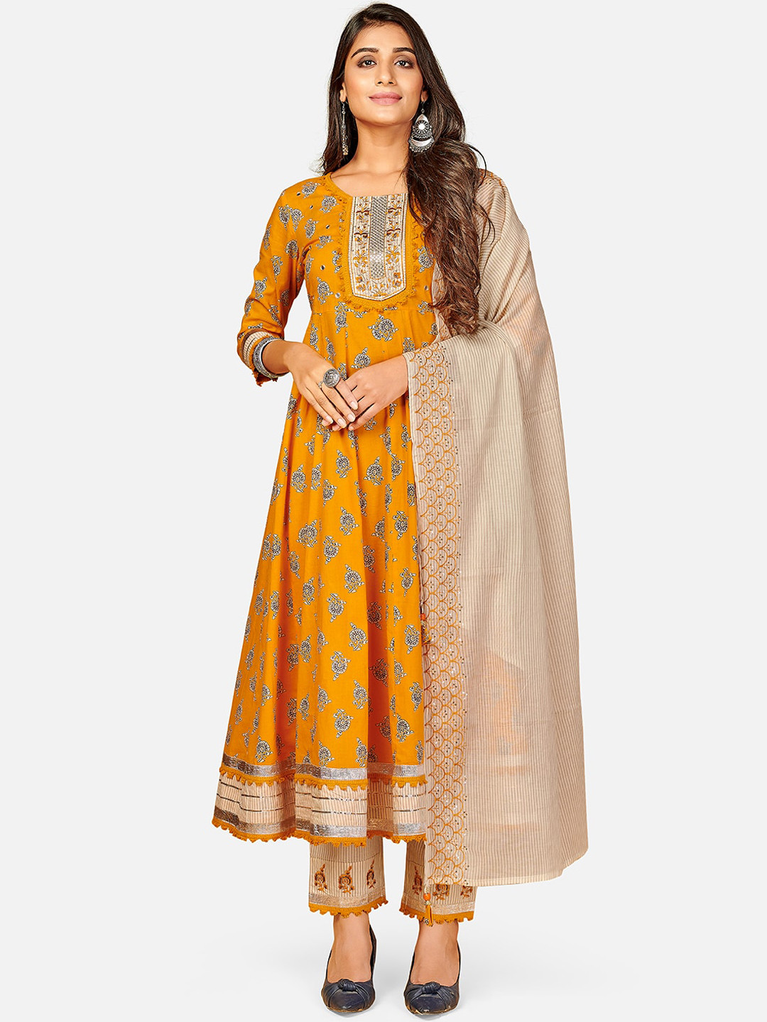 

Vbuyz Women Yellow Floral Embroidered Pleated Pure Cotton Kurta with Trousers & Dupatta