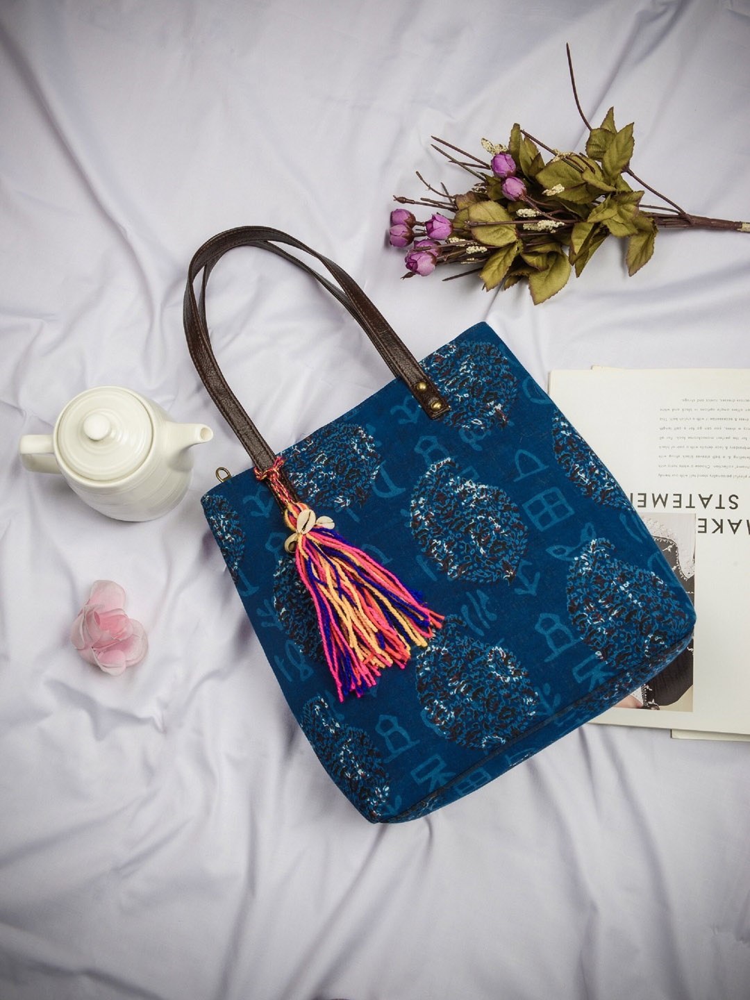 

Vivinkaa Blue Ethnic Motifs Printed Vegan Leather Shopper Shoulder Bag with Tasselled