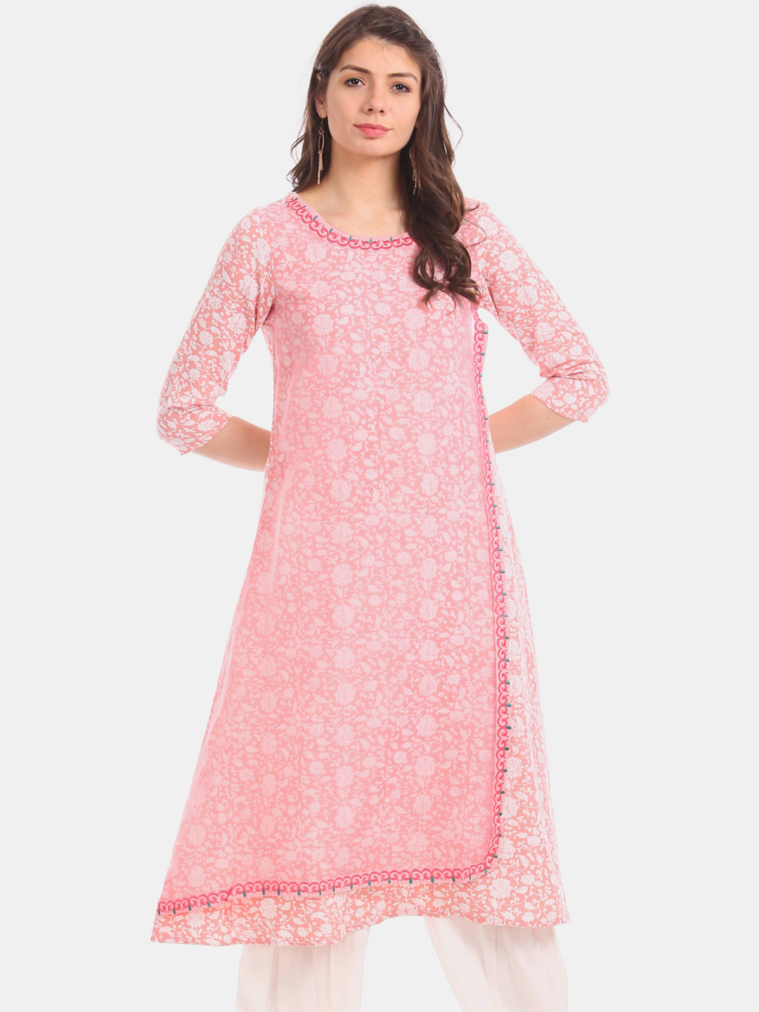 

Anahi Women Pink Floral Printed Keyhole Neck Mirror Work Kurta