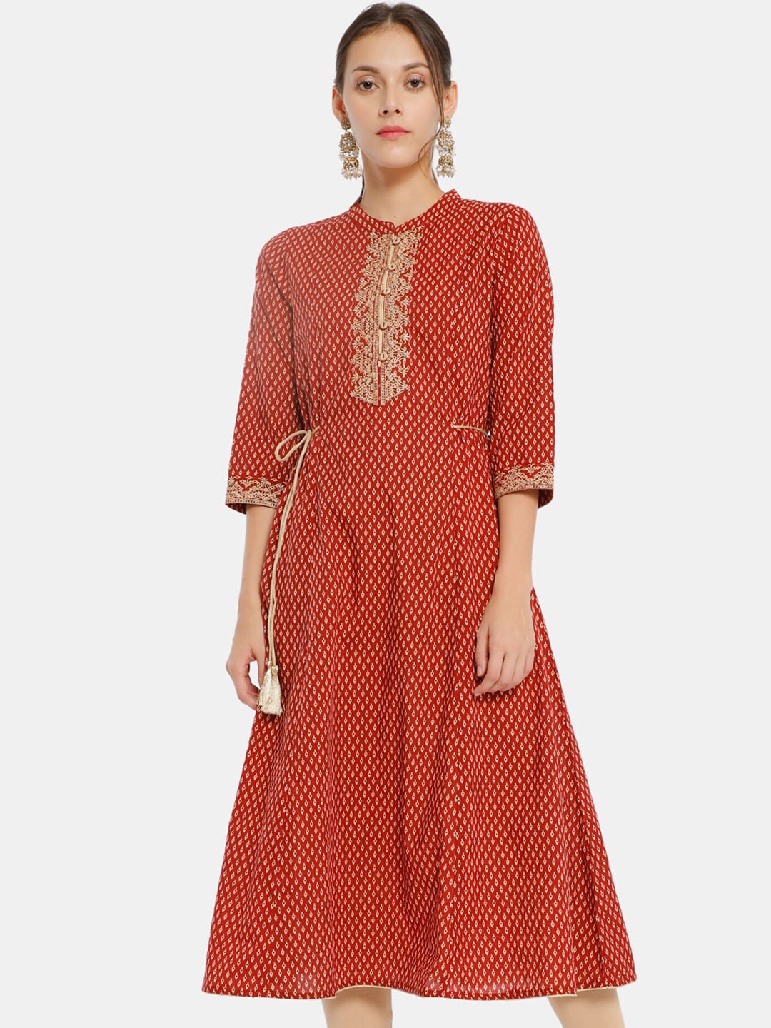 

Anahi Women Red Ethnic Motifs Printed Mirror Work Anarkali Kurta