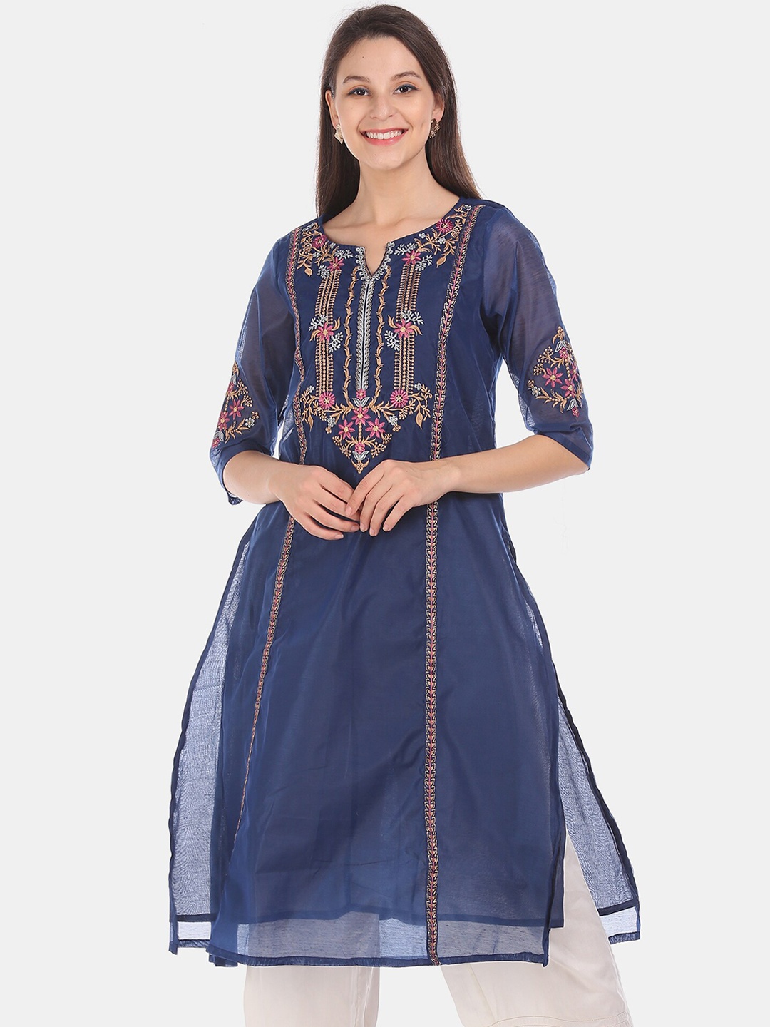 

Anahi Women Blue Ethnic Motifs Embroidered Thread Work Anarkali Kurta