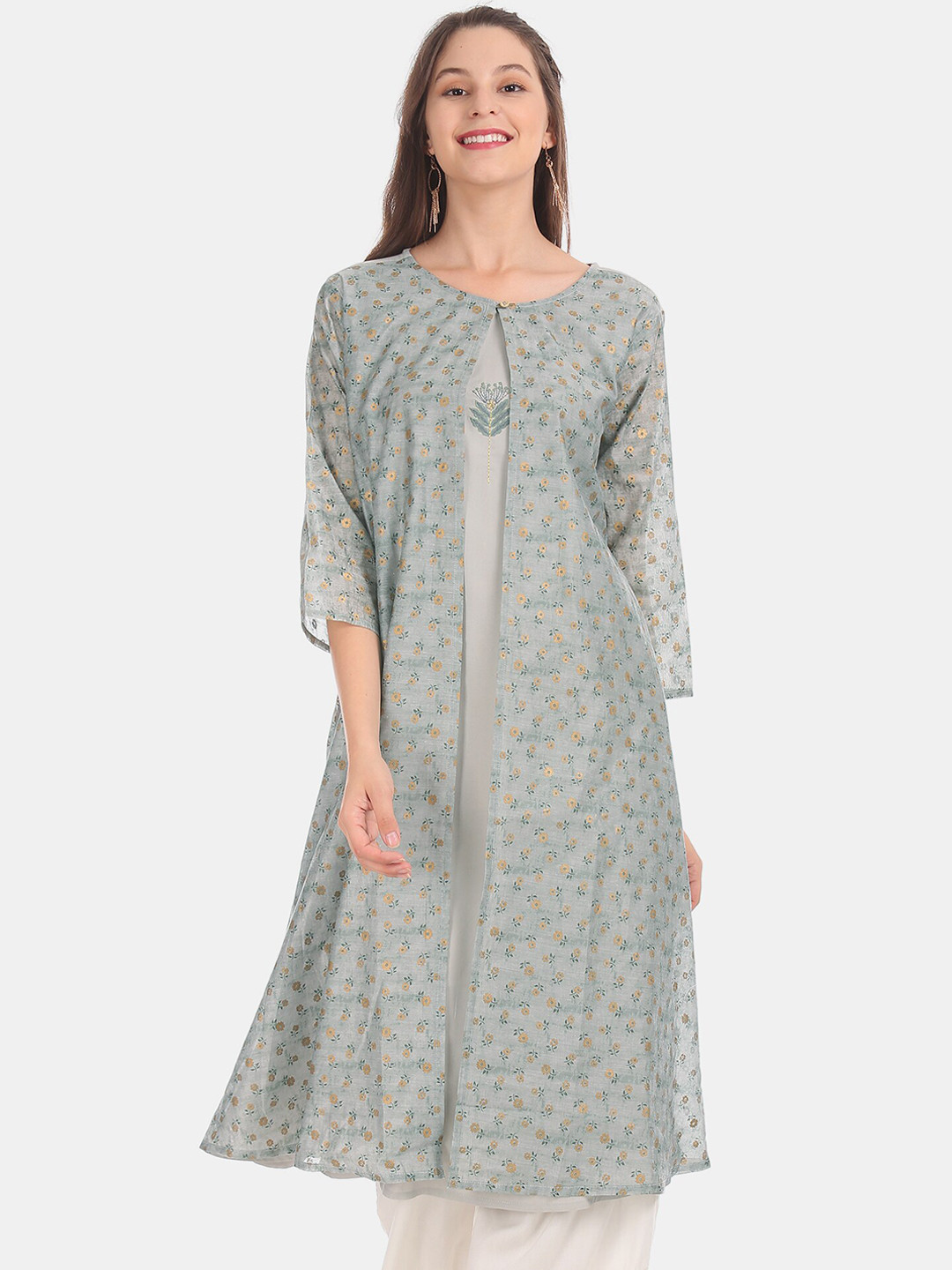 

Anahi Women Grey Floral Print Zari Angrakha Kurta