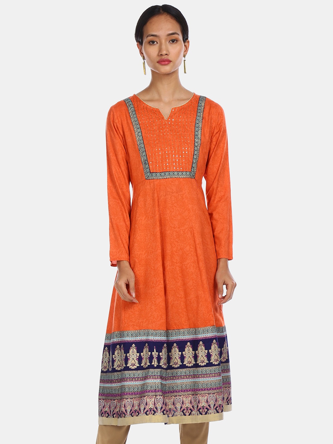 

Anahi Women Orange Sequinned Ethnic Print Kurta