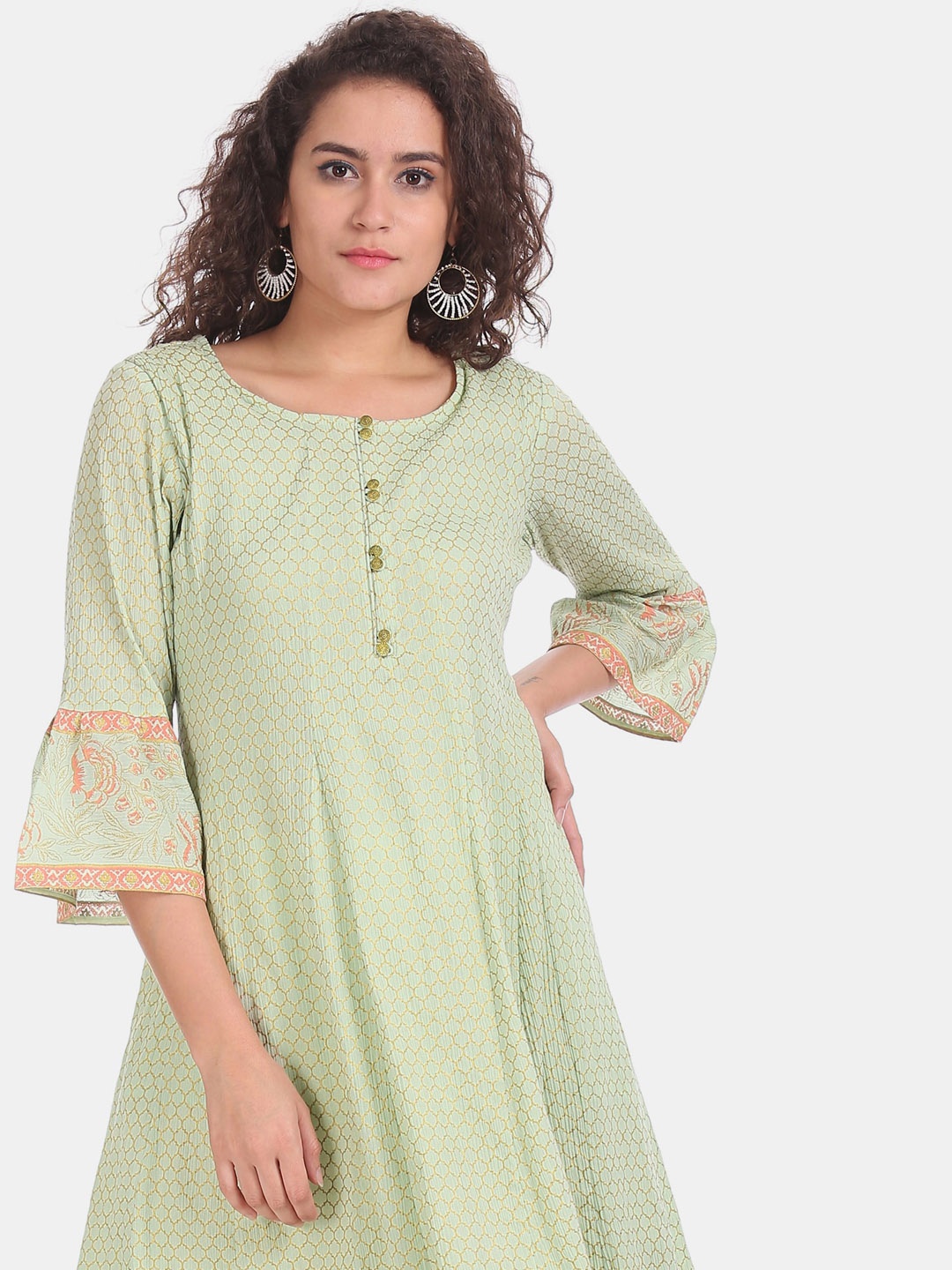 

Anahi Women Green & Gold-Toned Zari Ethnic Motifs Print Kurta