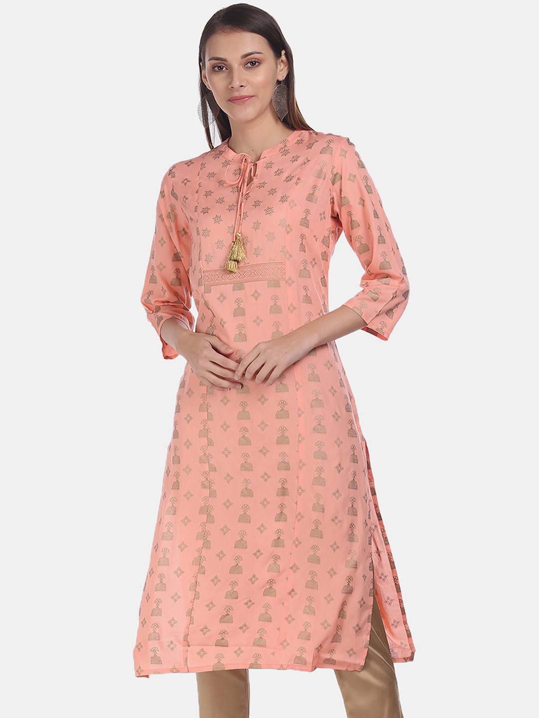 

Karigari Women Orange & Gold Ethnic Motifs Print Kurta