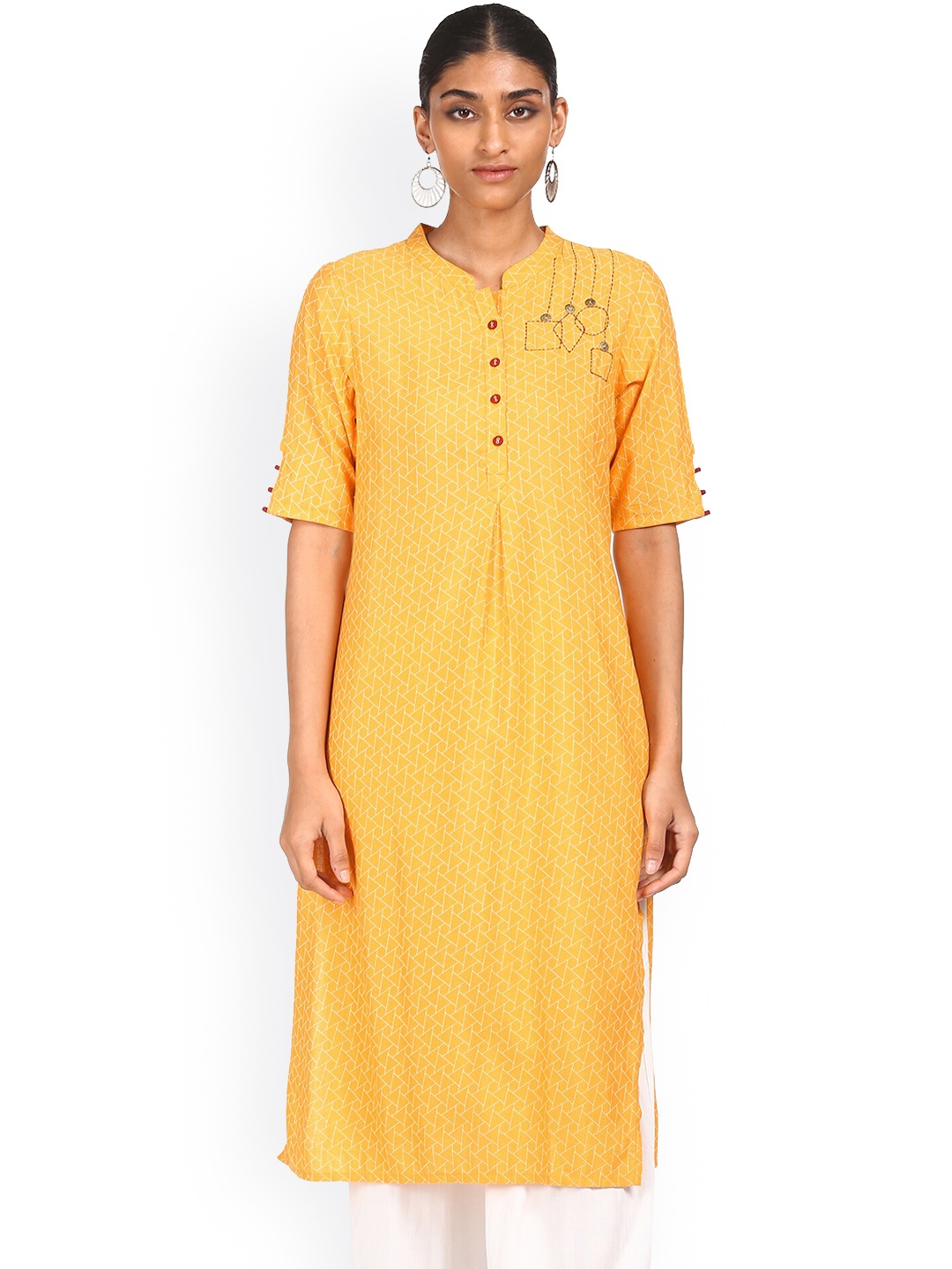 

Karigari Women Yellow Geometric Print Thread Work Kurta