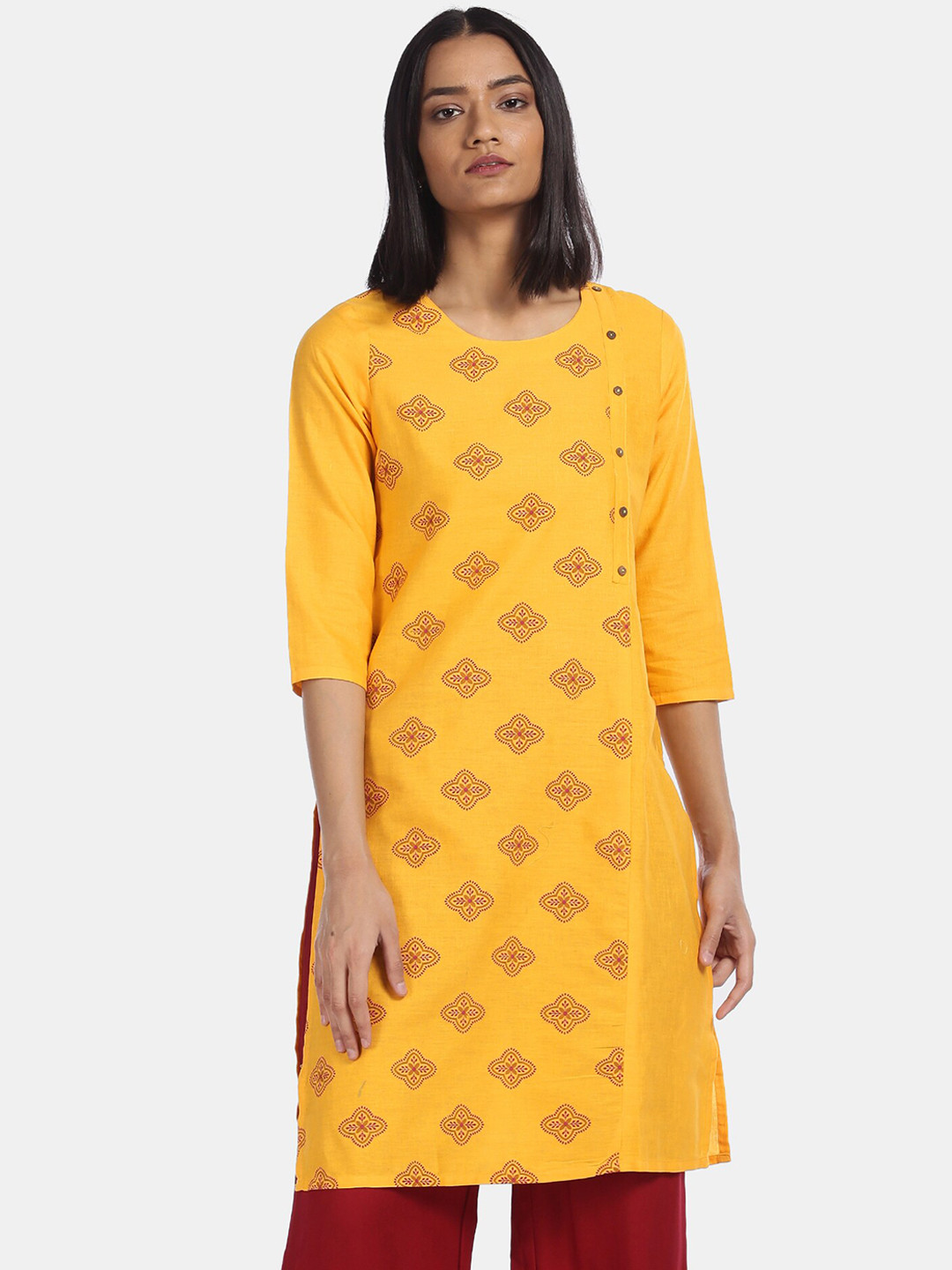 

Karigari Women Yellow & Red Ethnic Motifs Printed Kurta