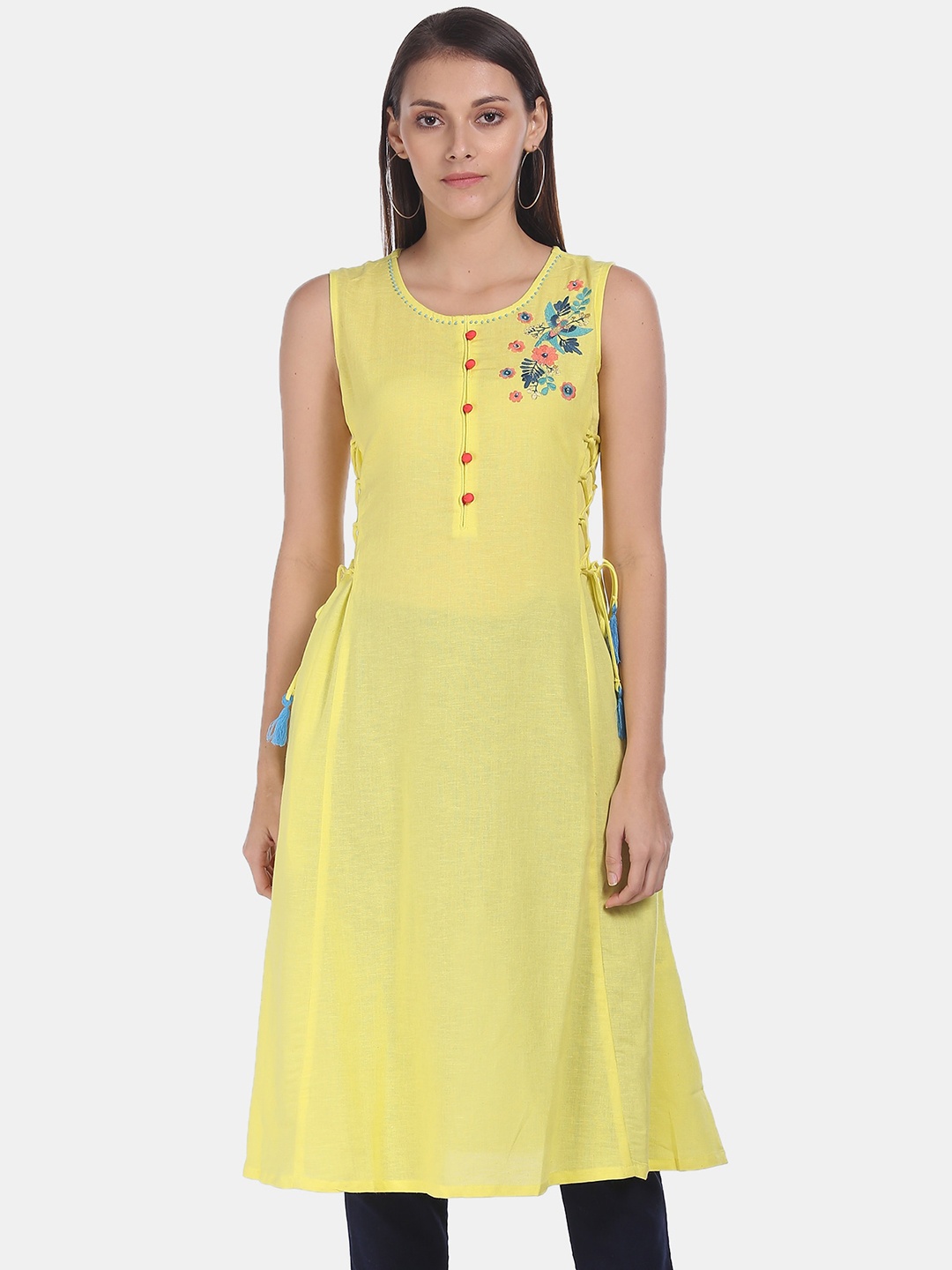 

Karigari Women Yellow Floral Embroidered Thread Work Kurta