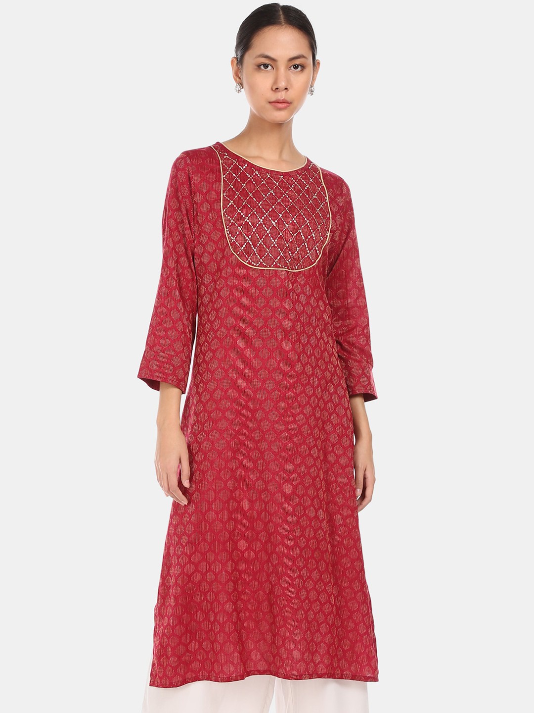 

Karigari Women Red Ethnic Motifs Thread Work Kurta