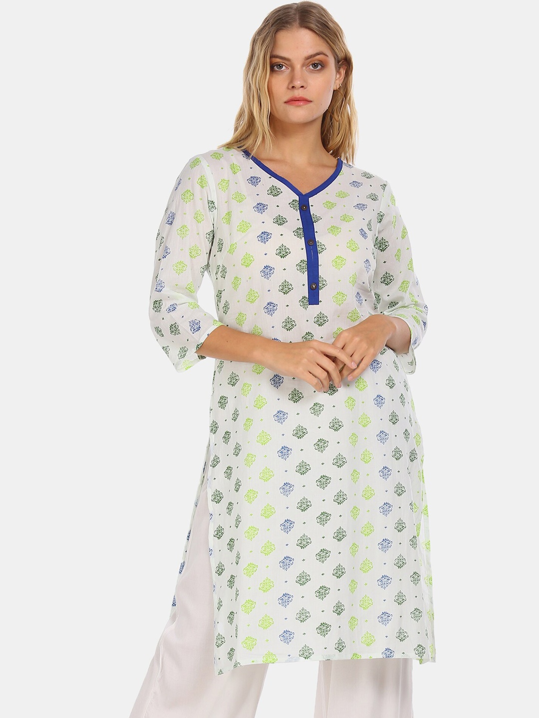 

Karigari Women White & Blue Ethnic Print Kurta