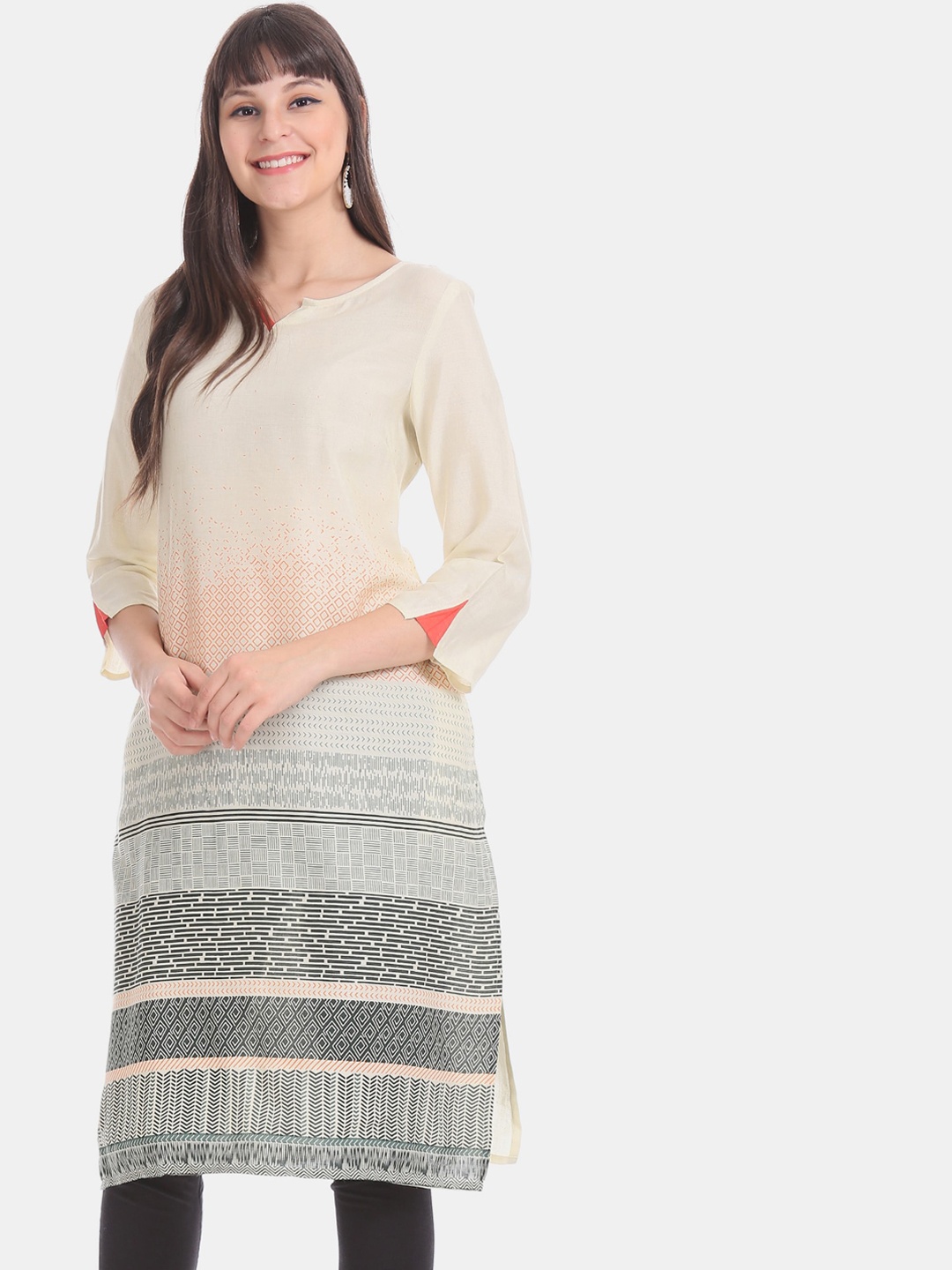 

Karigari Women Beige & Grey Geometric Print Kurta