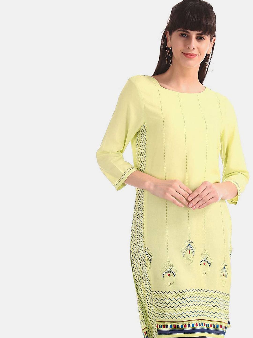 

Karigari Women Lime Green Tribal Print Kurta
