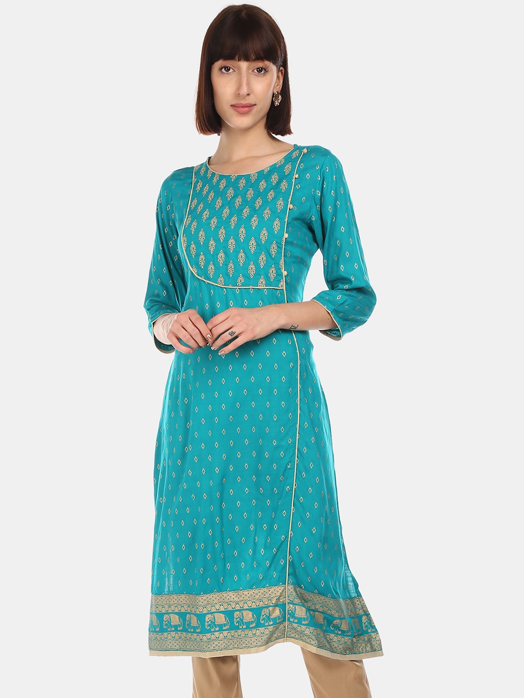 

Karigari Women Blue & Gold-Coloured Ethnic Motifs Zari Print Kurta