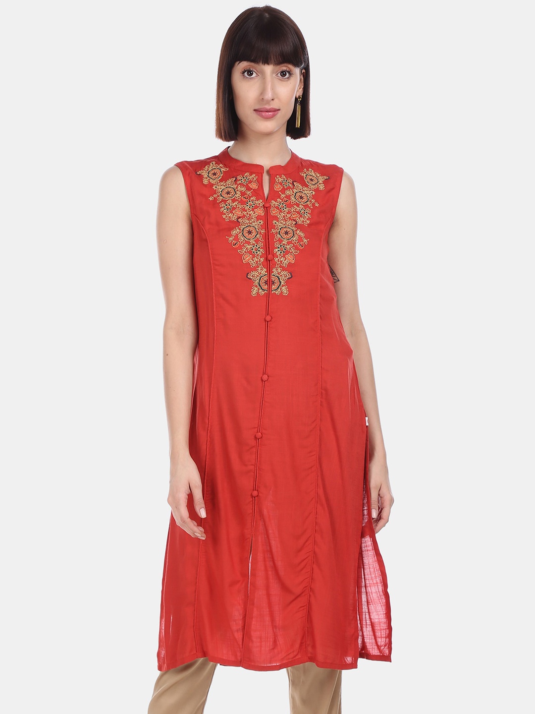 

Karigari Women Orange Floral Embroidered Kurta