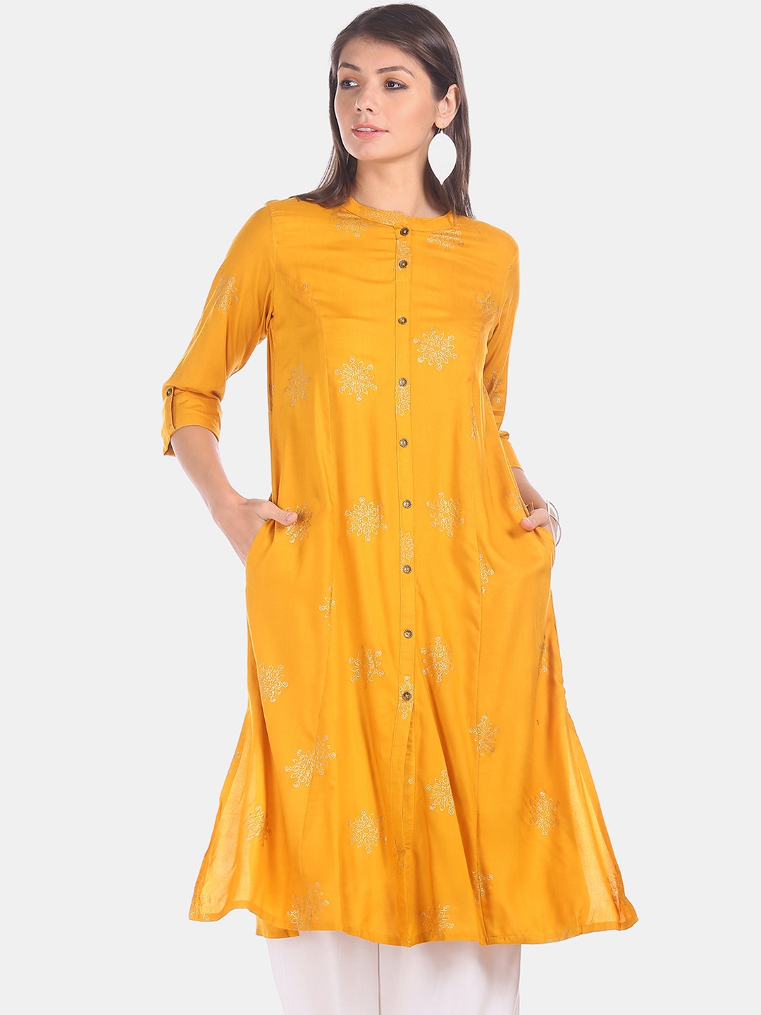 

Karigari Women Mustard Yellow Ethnic Motifs Zari Print Kurta