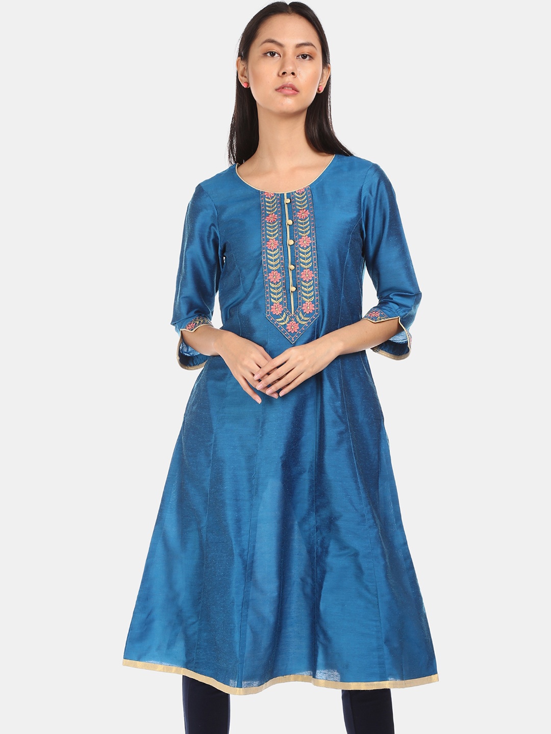 

Karigari Women Blue Floral Embroidered Yoke Design Kurta