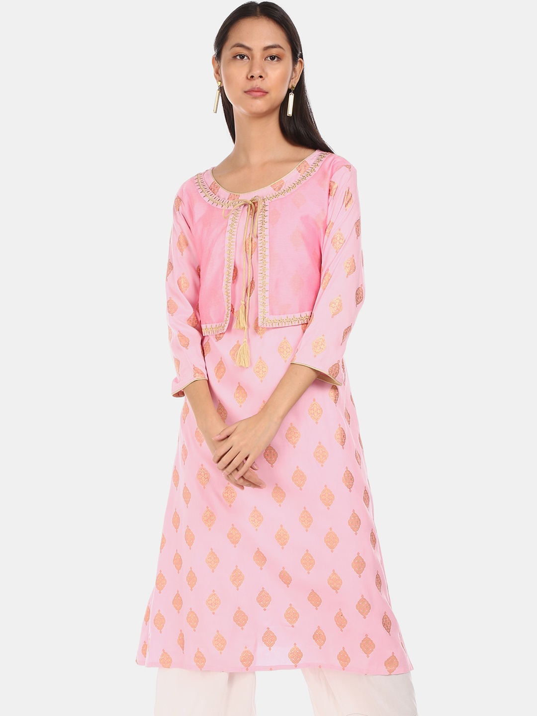 

Karigari Women Pink & Gold-Toned Ethnic Motifs Zari Print Layered Kurta