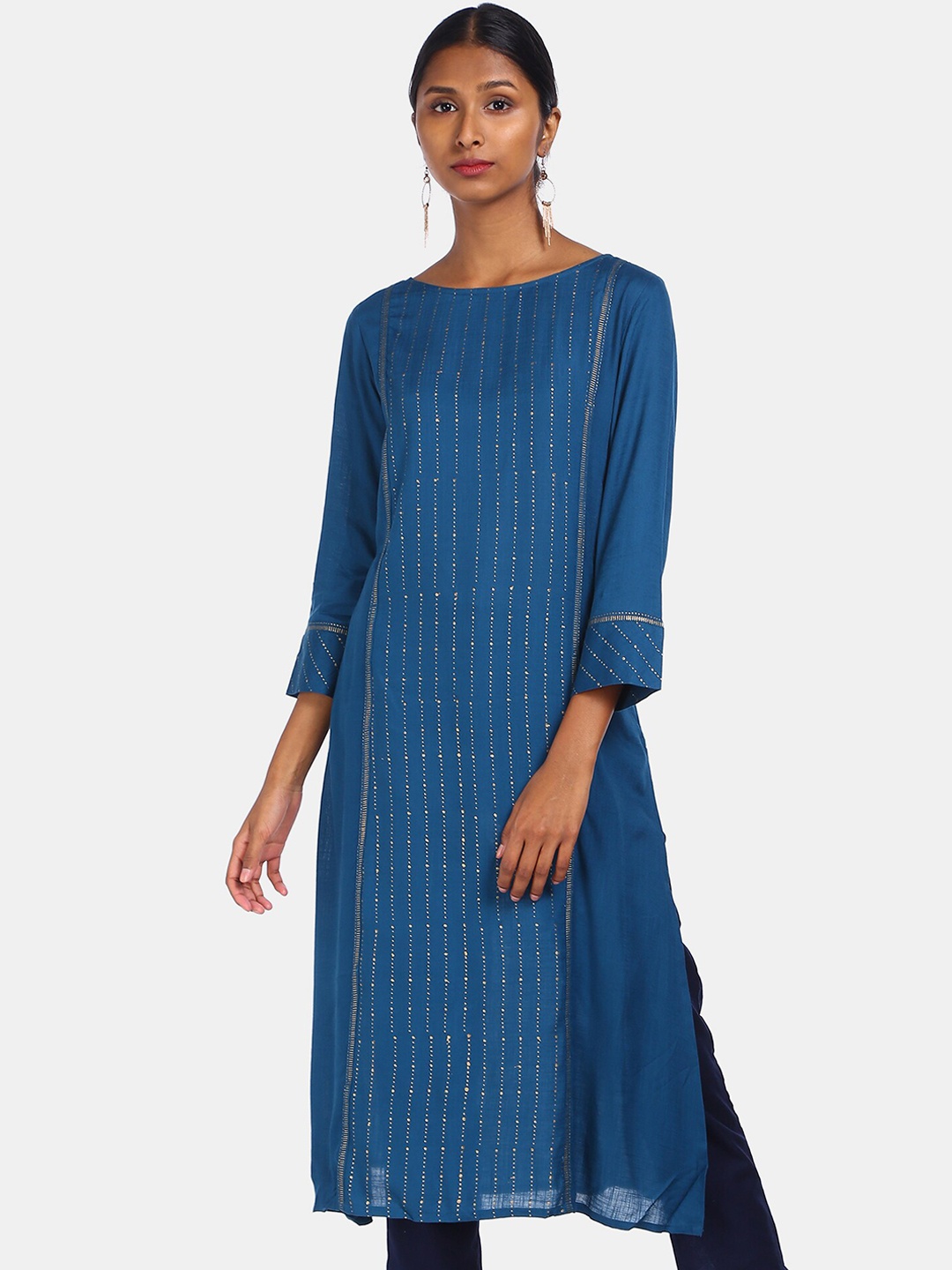 

Karigari Women Blue & Gold-Toned Striped Zari Kurta
