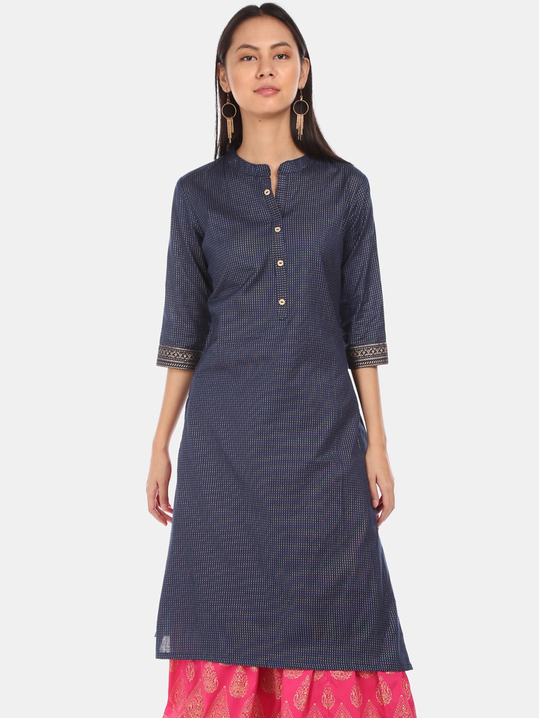 

Karigari Women Blue & Gold-Toned Zari Geometric Print Kurta