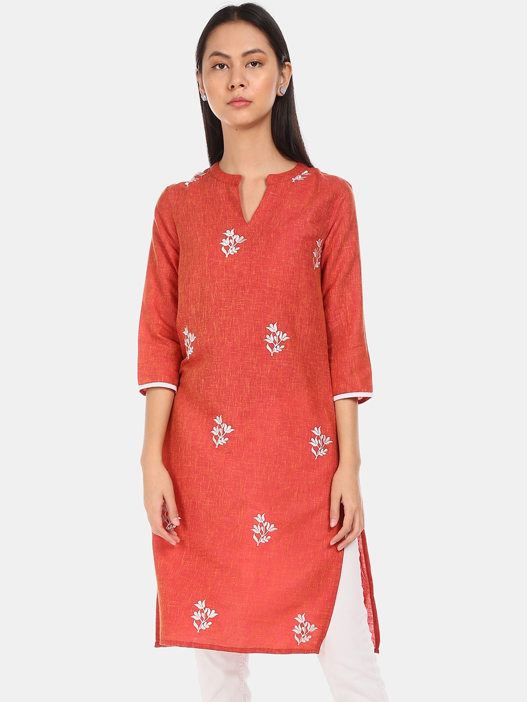 

Karigari Women Orange & White Ethnic Motifs Embroidered Kurta