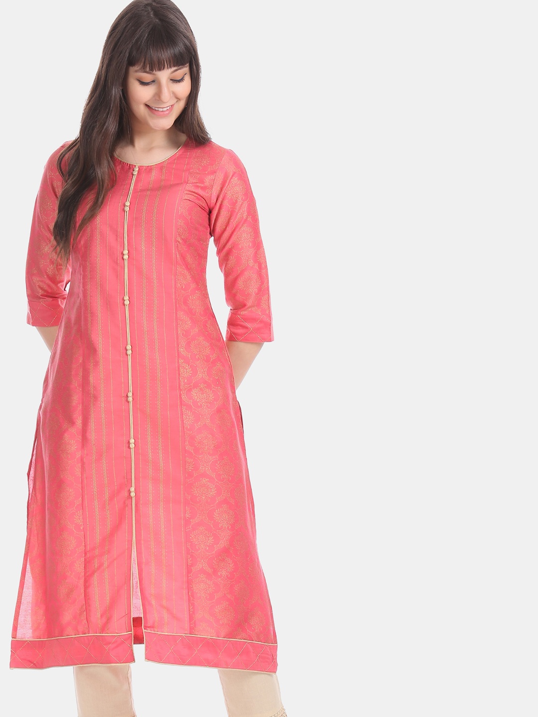 

Karigari Women Pink & Gold-Coloured Zari Ethnic Print Kurta