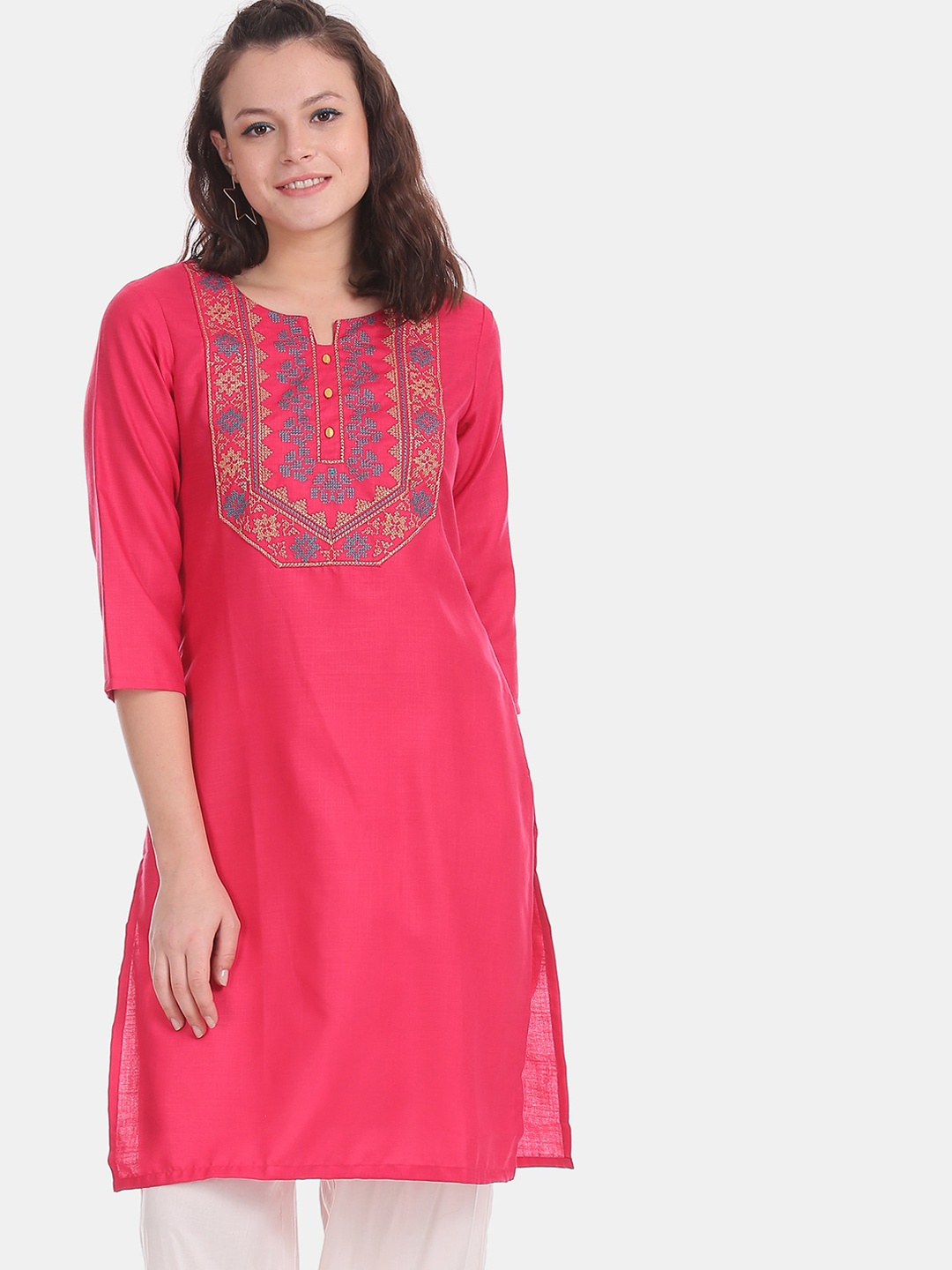 

Karigari Women Pink & Blue Yoke Design Geometric Embroidered Kurta