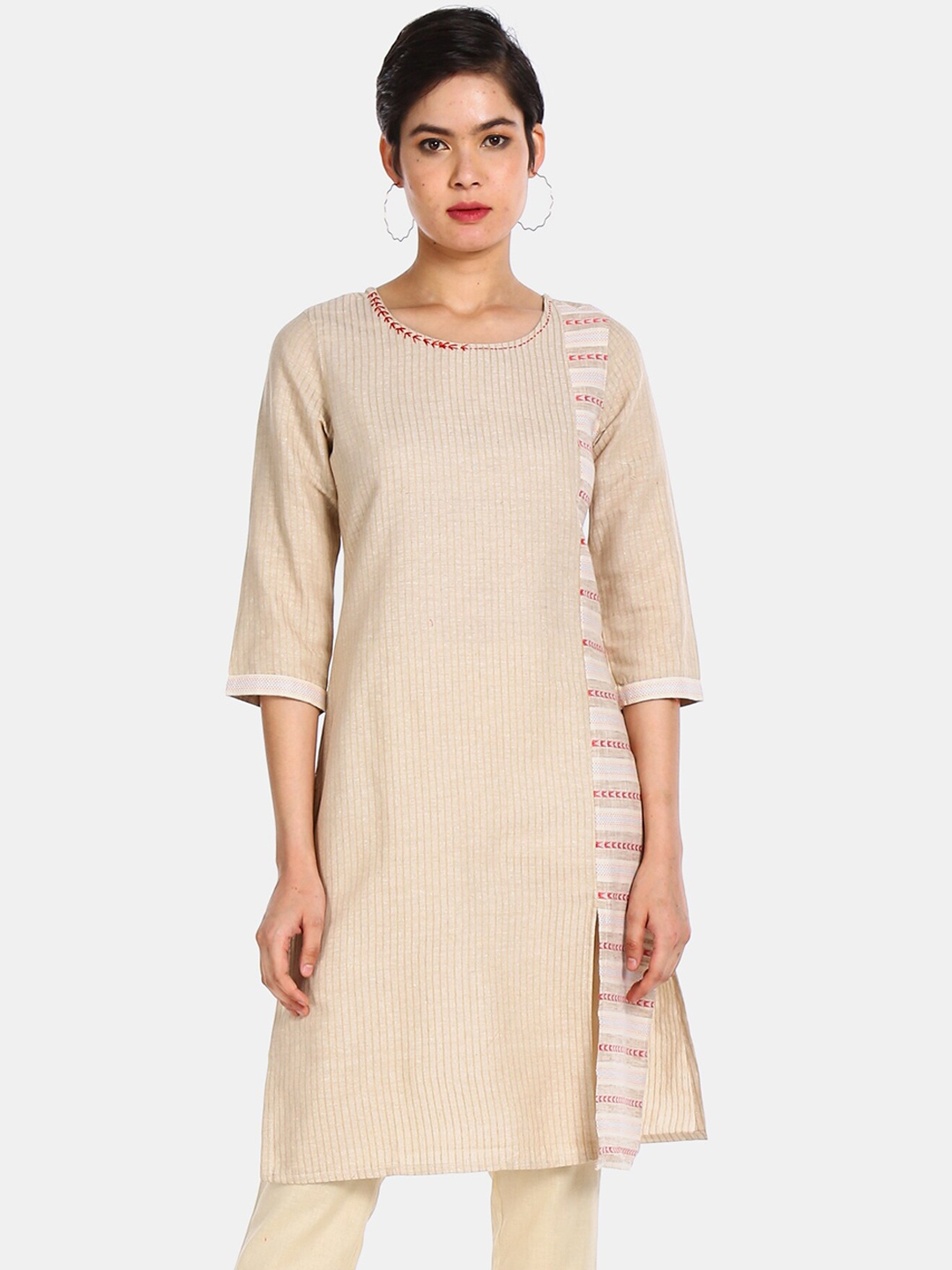 

Karigari Women Beige Striped Geometric Print Kurta