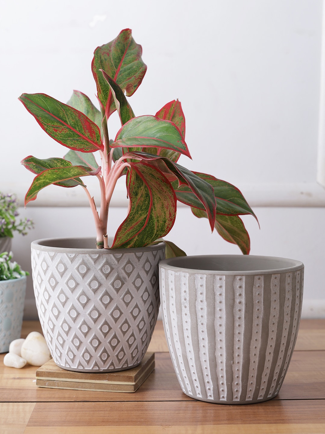 

TAYHAA Set Of 2 Grey & White Textured Ceramic Planters