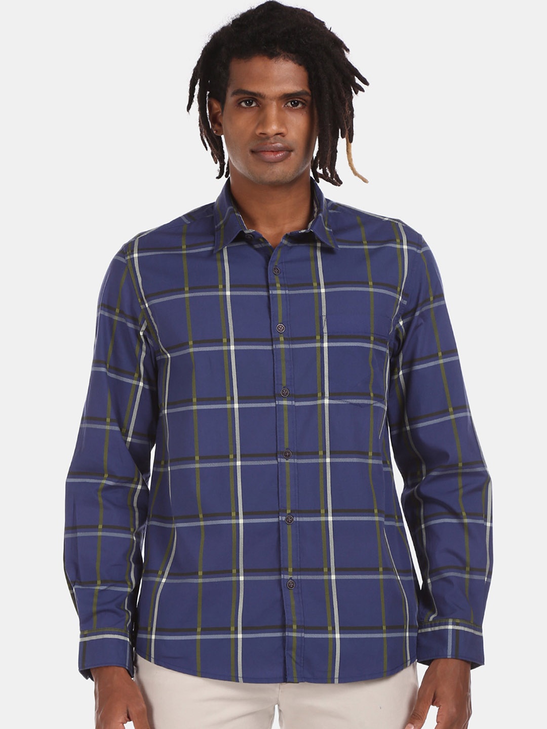 

Ruggers Men Blue Windowpane Checks Opaque Checked Casual Shirt