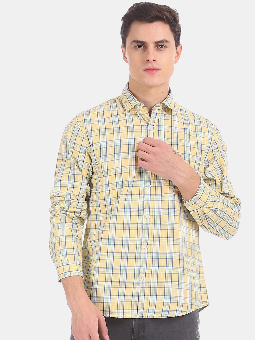 

Ruggers Men Yellow & Blue Opaque Checked Pure Cotton Casual Shirt